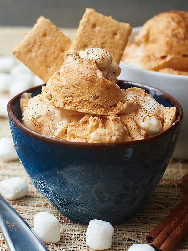 bowl of pumpkin ice cream with marshmallow swirl and graham crackers
