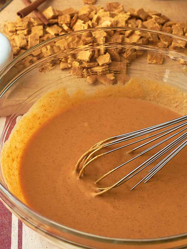 pumpkin base in mixing bowl with whisk