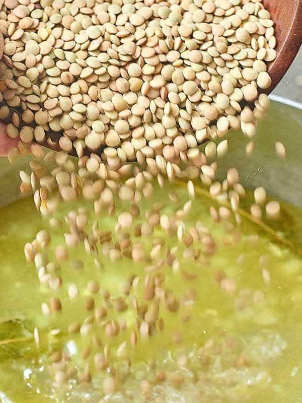 Uncooked lentils being dumped into pot of soup broth