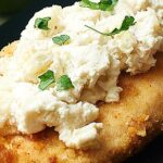 Goat Cheese Apple Chicken. Yum. Hot and juicy on the inside, slightly crunchy exterior, perfectly salty, and topped with the perfectly sweet, tart, and tangy apple and goat cheese. https://showmetheyummy.com/goat-cheese-apple-chicken/ #chicken #goatcheese #apple #breading