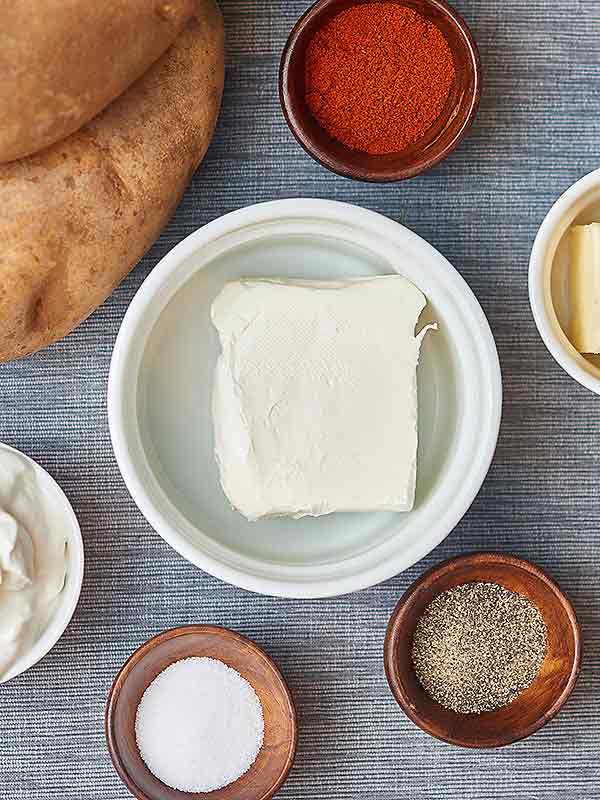 mashed potatoes ingredients in bowls above