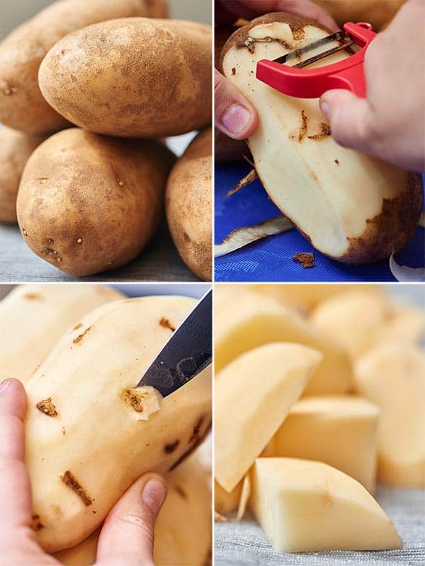 four in-process pictures of potatoes being peeled and cut