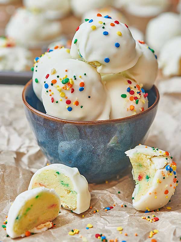 bowl of funfetti cake balls