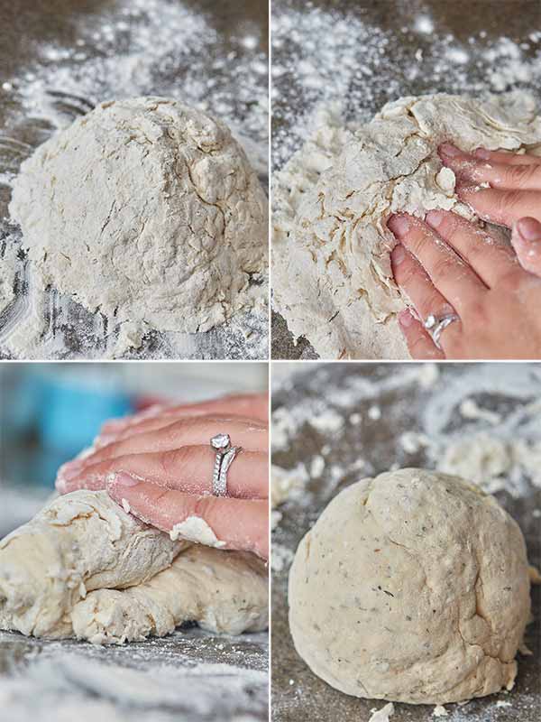 four pictures of dough being kneaded