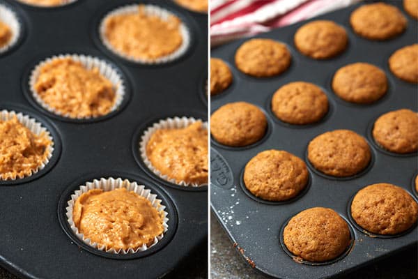 two pictures: unbaked cupcakes and baked cupcakes in muffin tin