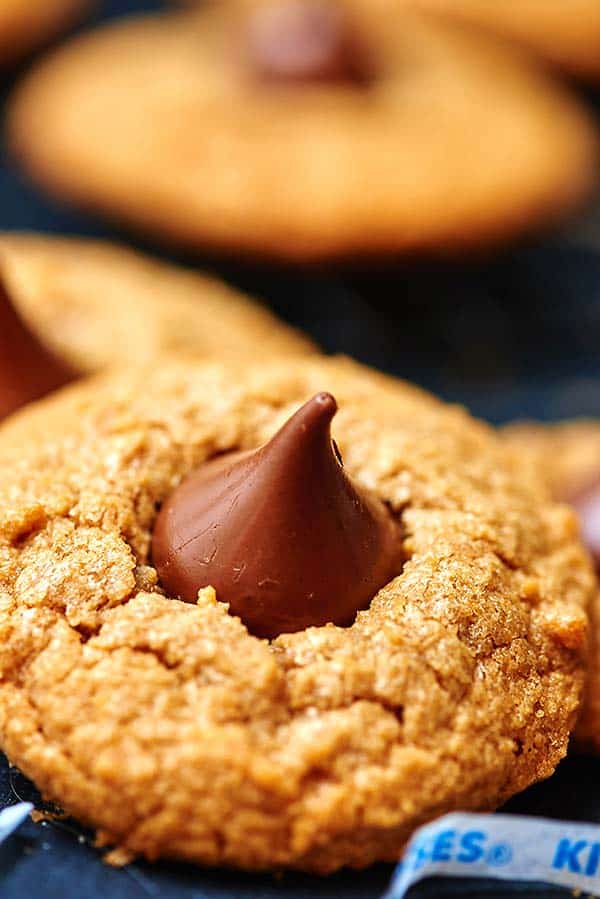 closeup of flourless peanut butter blossom