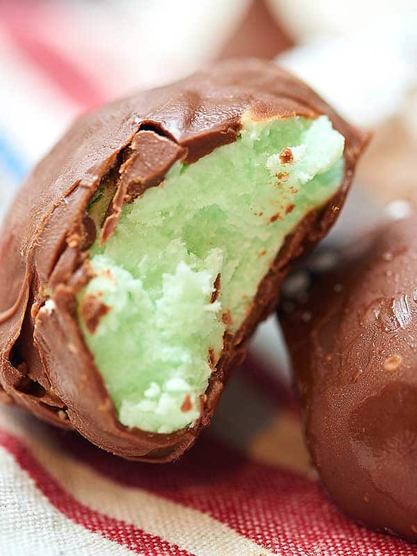 Mint chocolate candy with bite out up close