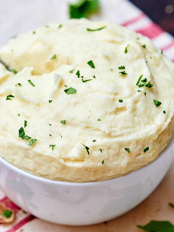 bowl of roasted garlic and goat cheese mashed potatoes