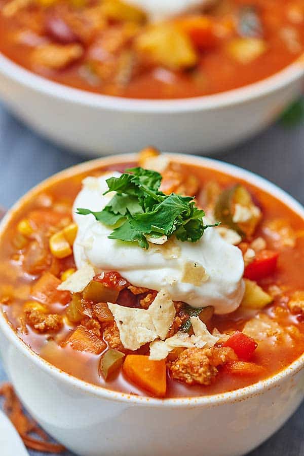 bowl of turkey and vegetable chili