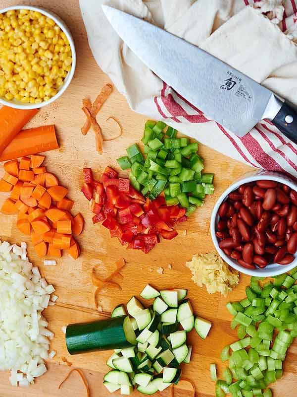 chopped veggies on cutting board above
