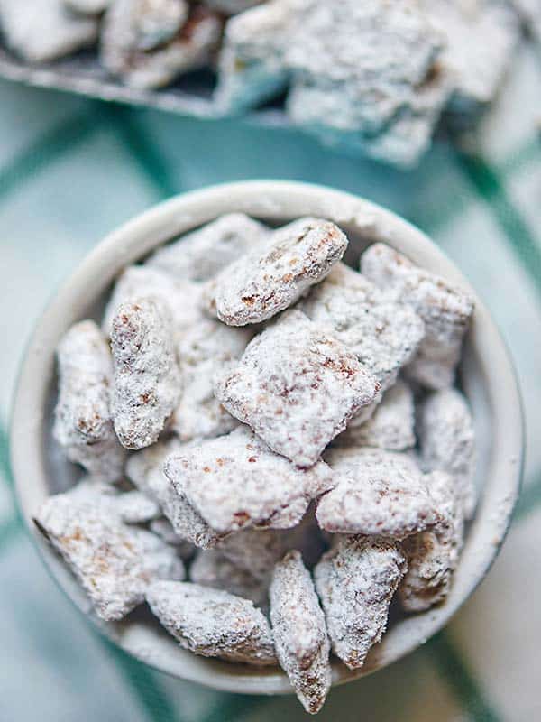 Bowl of puppy chow from overhead