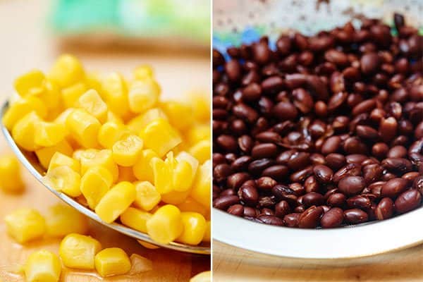 Two pictures: corn and black beans