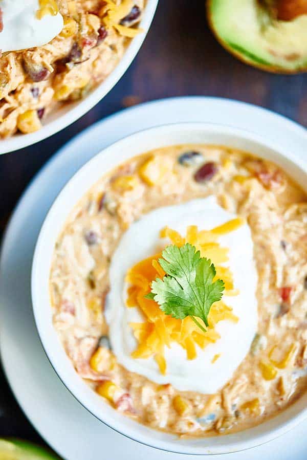 Bowl of white chicken chili above