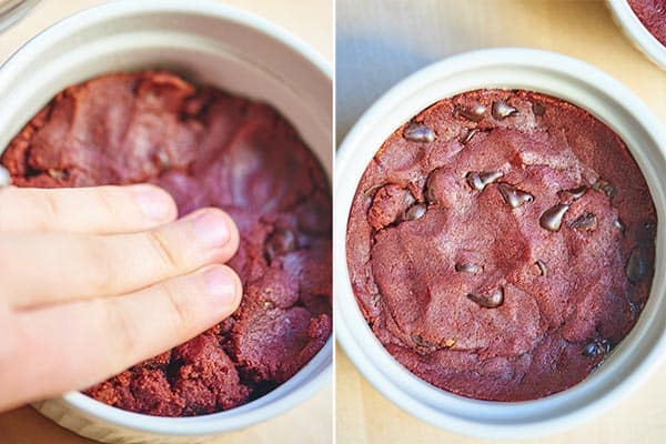 red velvet cookie dough being pressed into bowl