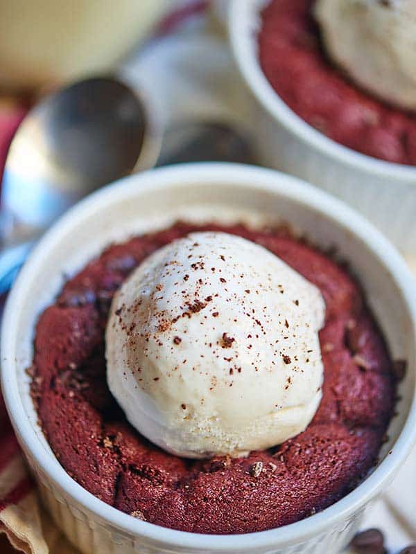 deep dish red velvet cookie with scoop of ice cream above