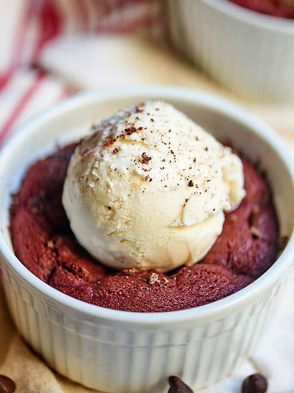 deep dish red velvet cookie with scoop of ice cream