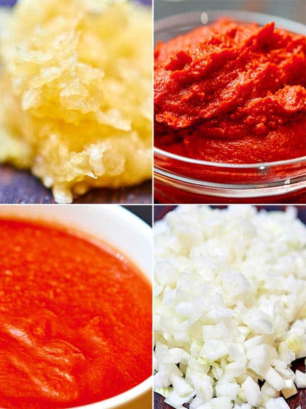 four pictures: garlic, tomato paste, tomato puree, onion