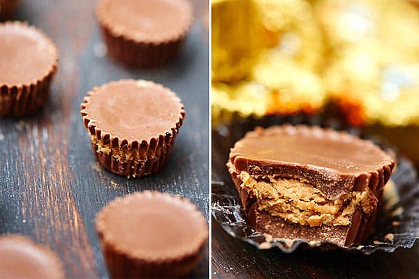 two pictures: peanut butter cups on table, peanut butter cup with bite out