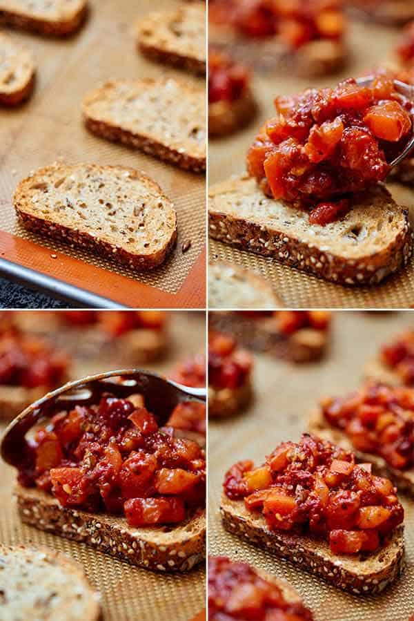 four in-process shots of bruschetta topping put on bread