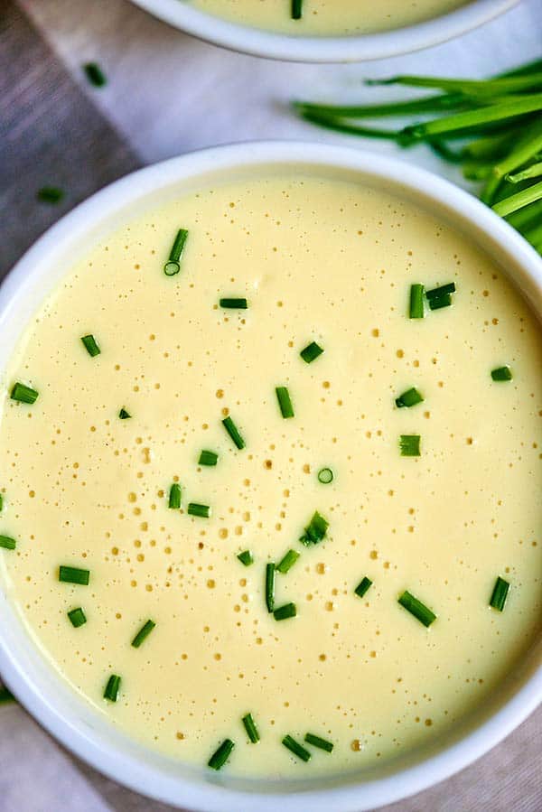 bowl of potato leek soup above