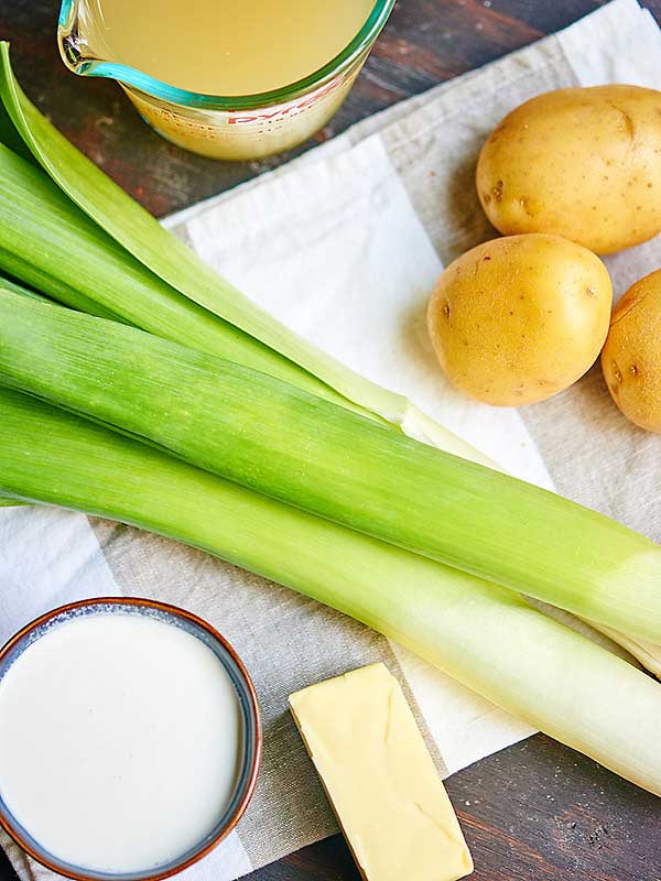 leeks, potatoes, broth, milk, and butter above
