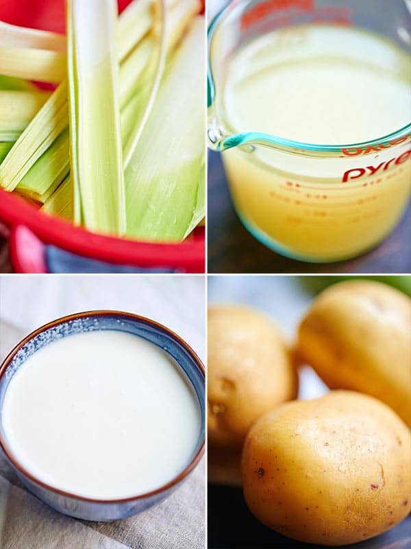 four pictures: leeks, broth, milk, potatoes