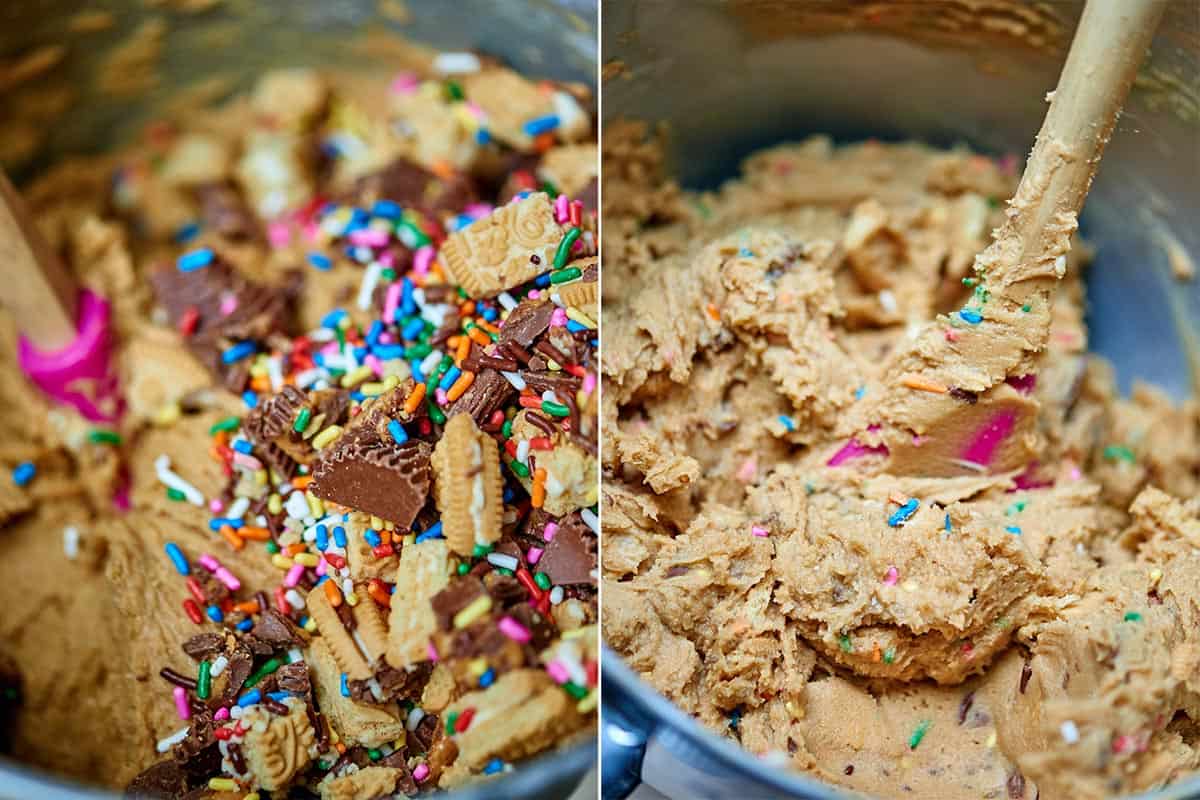 2 pictures: peanut butter blondie dough in mixing bowl