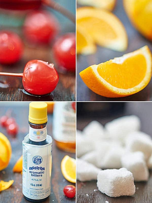four pictures: cherry, orange wedge, bitters, sugar cubes