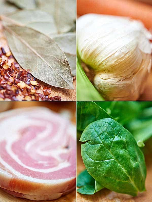 four pictures: bay leaf, garlic, pancetta, and spinach