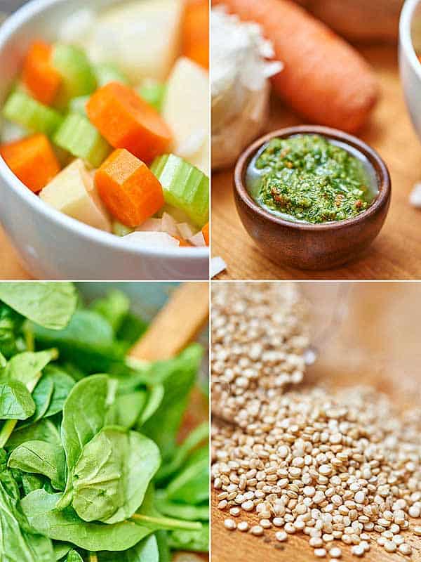 four pictures: veggies, pesto, spinach, quinoa