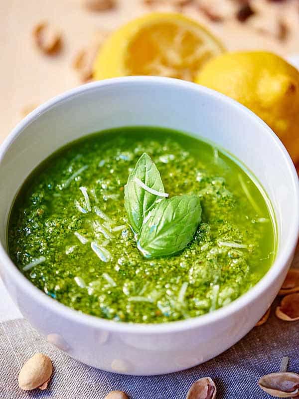 bowl of roasted pistachio pesto