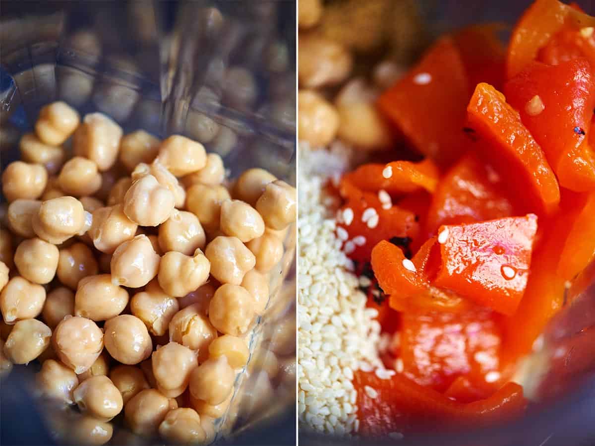 two pictures: garbonzo beans and red pepper