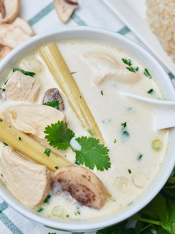 Overhead shot of bowl of tom kha gai soup