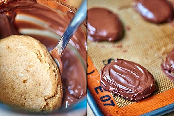 Two halves picture, one with peanut butter patty dipped in chocolate, other with eggs on baking sheet