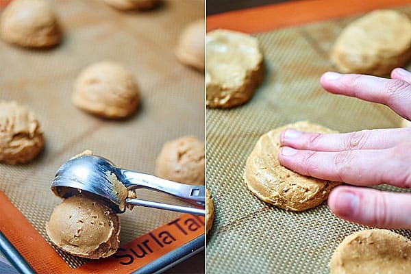 Two in process shots, cooke scoop of peanut butter filling and filling being pressed into egg shape