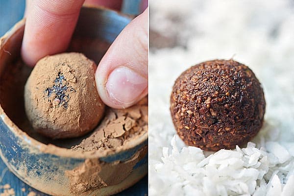two pictures: energy bite being rolled in cocoa powder and shredded coconut