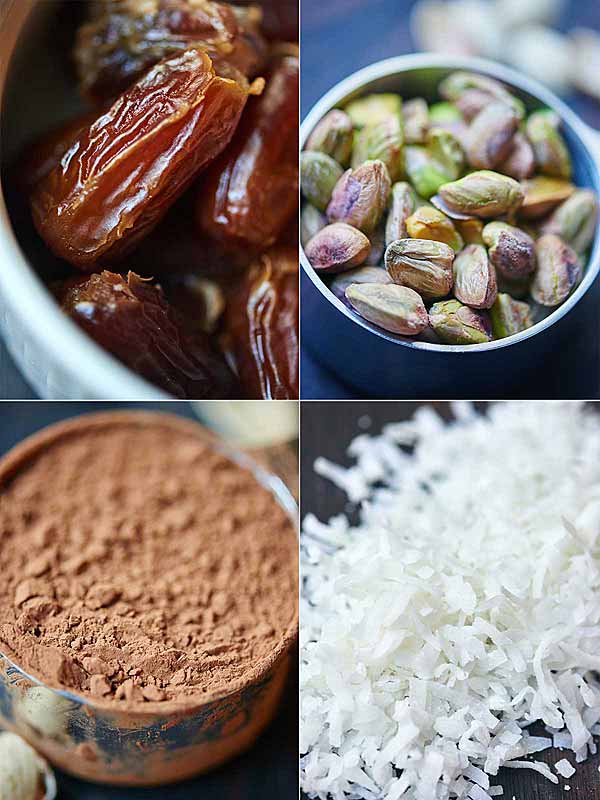 four pictures: dates, pistachios, cocoa powder, coconut