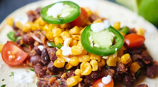 vegan nopales tacos with charred corn and black bean salsa