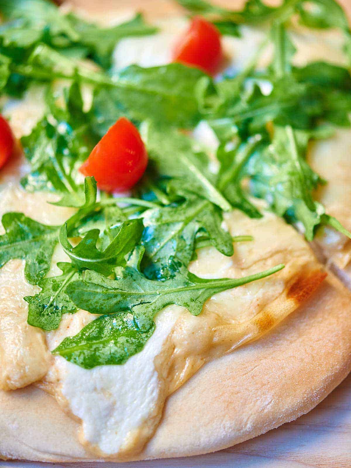 Roasted Garlic White Cheese Pizza with Arugula Salad Show Me the Yummy