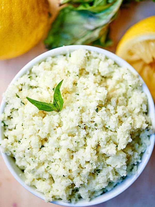 bowl of lemon garlic cauliflower rice above