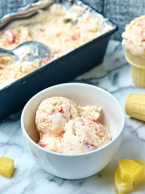 pineapple upside down cake ice cream in a bowl
