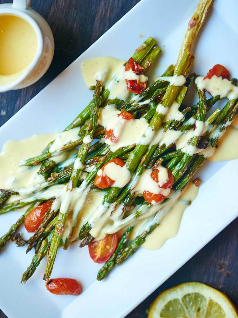 Roasted Asparagus and Tomato with Lemon Garlic Hollandaise Show Me
