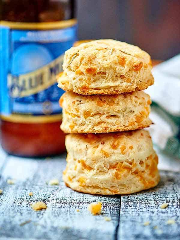 3 roasted garlic cheddar beer biscuits stacked