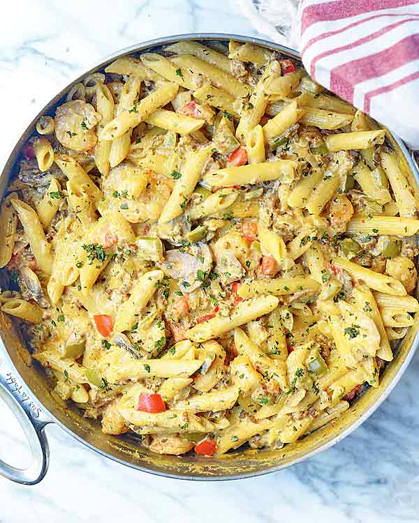 shrimp pasta in pan above