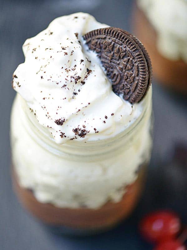 jar of chocolate oreo pudding above