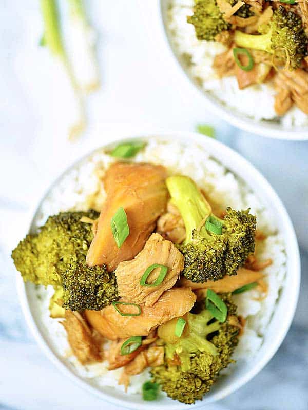 Bowl of chicken, broccoli, and rice above
