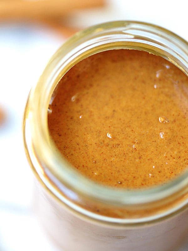 closeup overhead of jar of almond butter