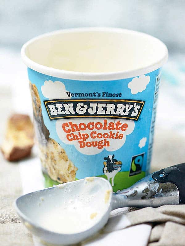Ben and Jerry's chocolate chip cookie dough ice cream container