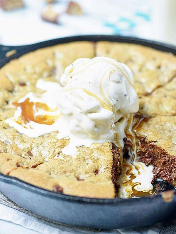 cookie in skillet with ice cream