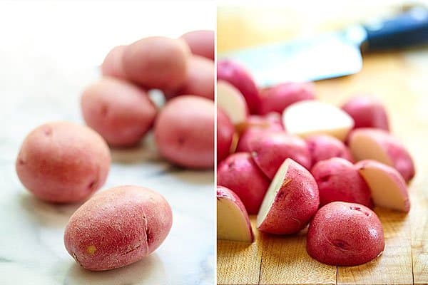 two pictures: whole potatoes, halved potatoes